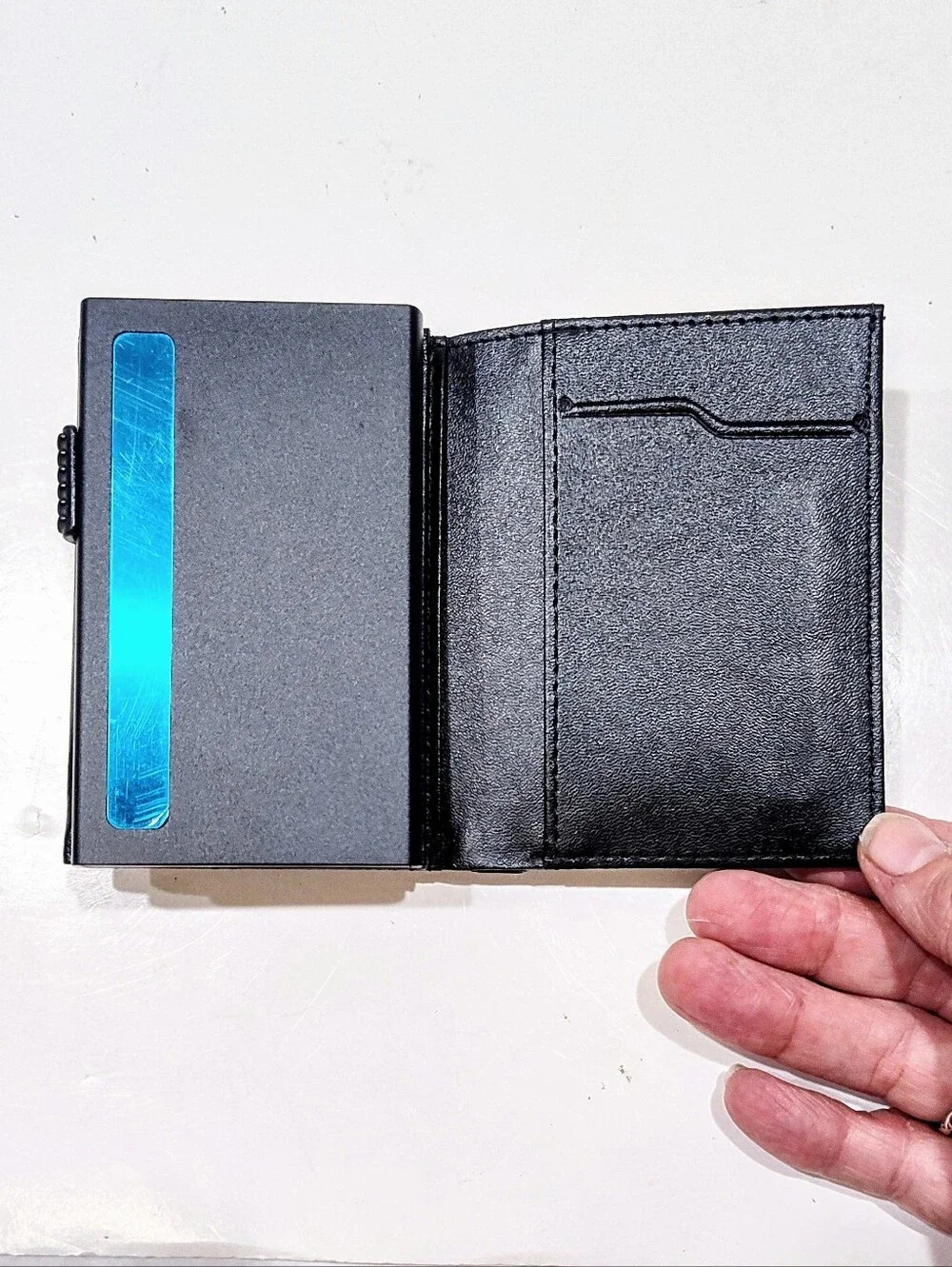 Unbranded Black Leather Tri-Fold Wallet Pop Up Card Holder Slim Magnetic